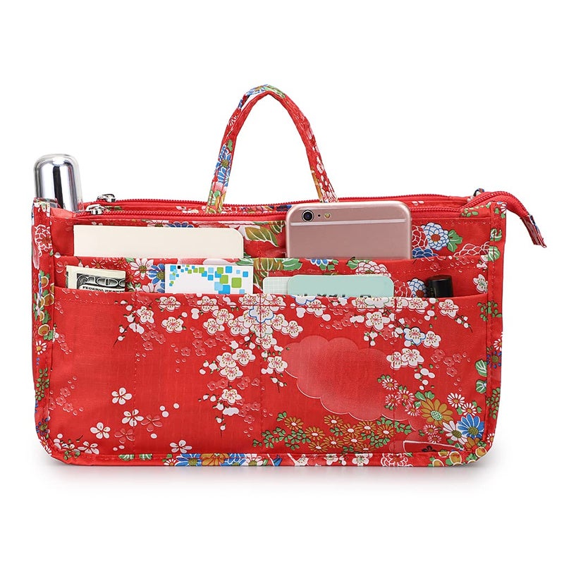 BTSKY Printing Handbag Organizers Inside Purse Insert-High Capacity 13 Pockets Bag Tote Organizer with Handle Fashion Style (Festive Flower) - Image 2